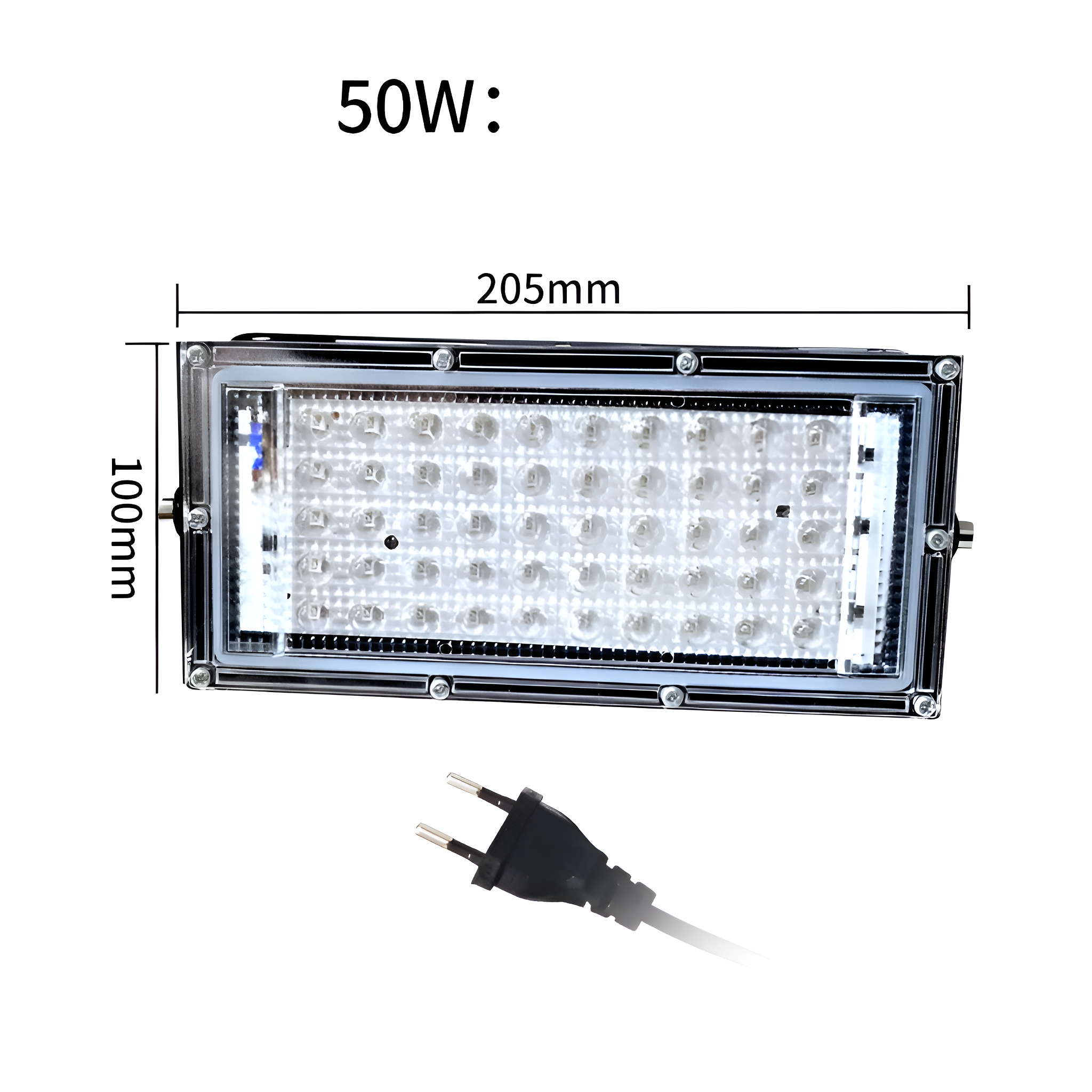 Ein 50W LED-Flutlicht mit Abmessungen auf weißem Hintergrund. Ein Stecker im Vordergrund.