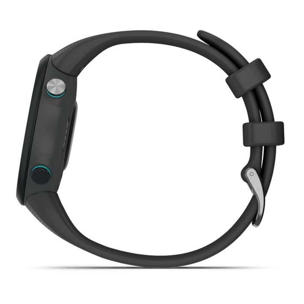 Eine schwarze Smartwatch mit Armband und Schnalle. Die Uhr hat zwei Knöpfe an der Seite und ist vor weißem Hintergrund platziert.
