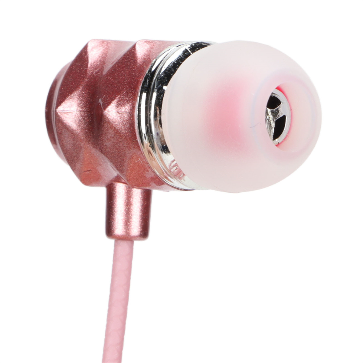 Nahaufnahme eines roségoldenen Ohrhörers mit rosa Spitze und silbernem Akzent, vor weißem Hintergrund.