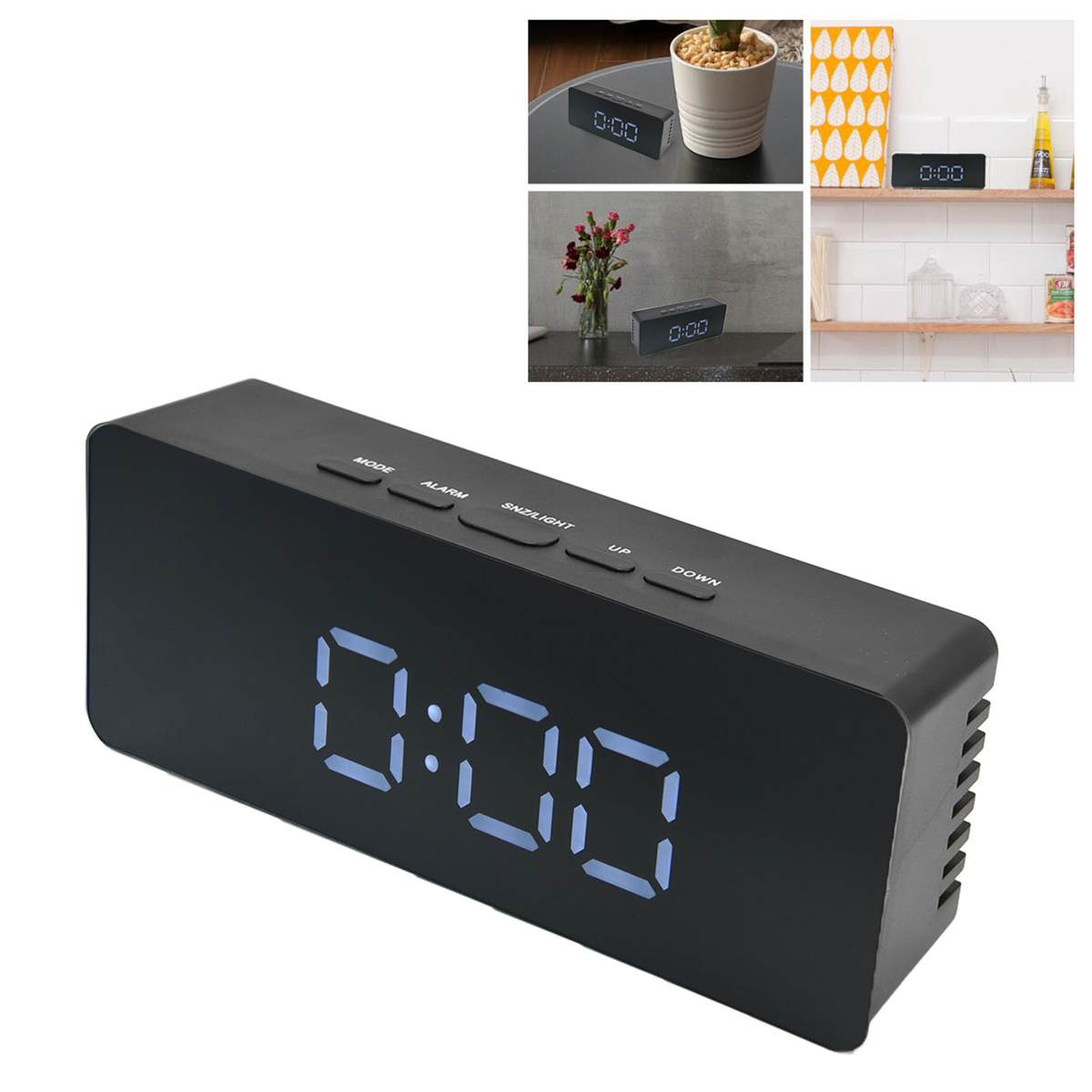 Schwarzer digitaler Wecker mit großem Display, das 0:00 anzeigt. Mehrere Ansichten und Hintergründe.