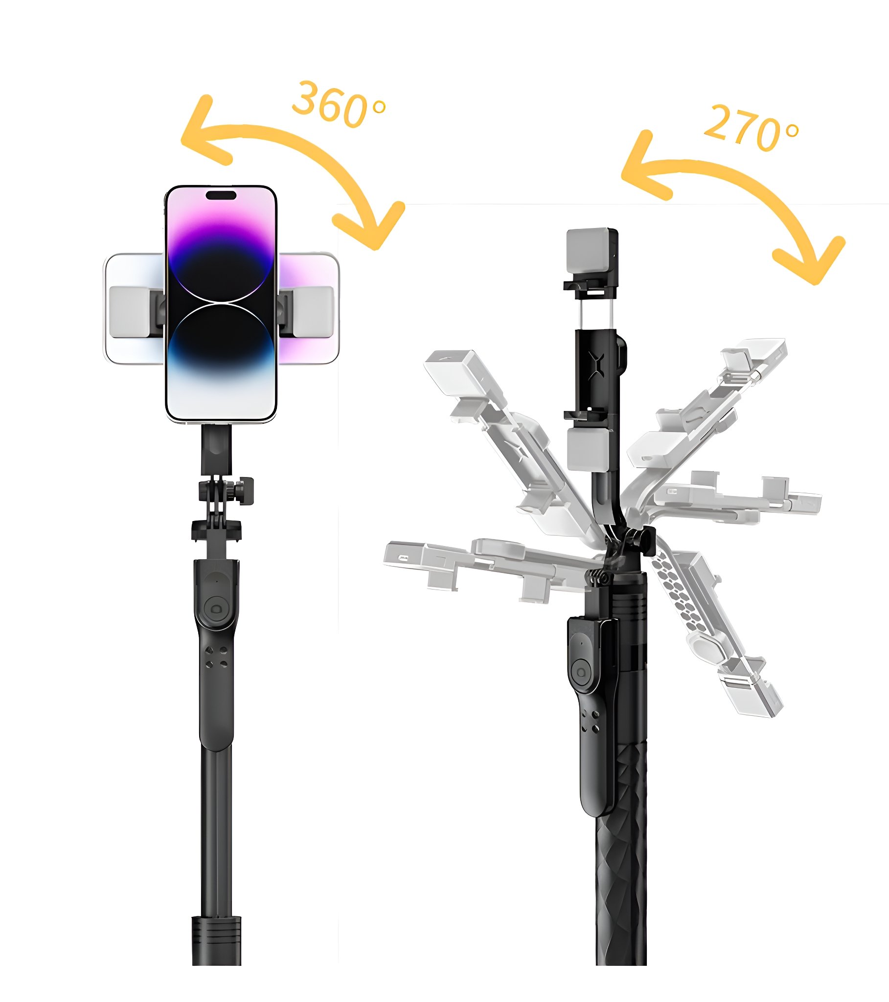 Ein schwarzer Selfie-Stick mit einem Telefon, das verschiedene Drehwinkel zeigt.