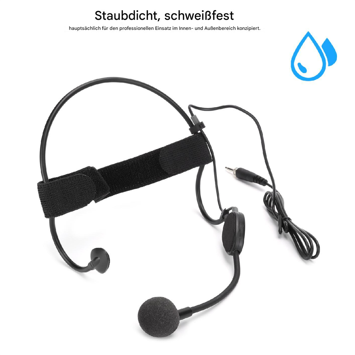 Ein schwarzes Headset-Mikrofon mit Band und Kabel auf weißem Hintergrund.