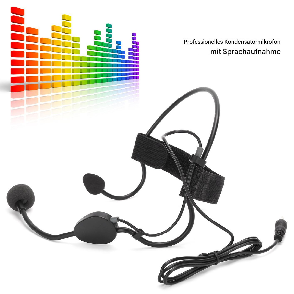 Ein schwarzes Mikrofon mit Headset und farbenfrohem Audiospektrum.