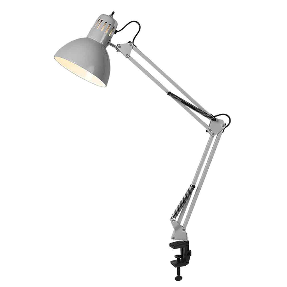 Graue Klemm-Schreibtischlampe mit verstellbarem Arm und einer Glühbirne.