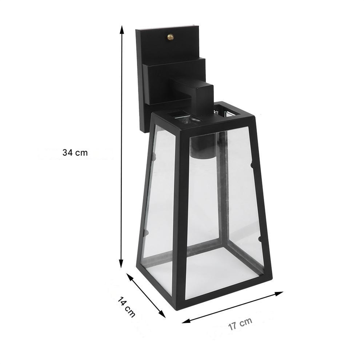 Schwarze Außenlampe mit Glasgehäuse. Abmessungen sind 14x17x34 cm.
