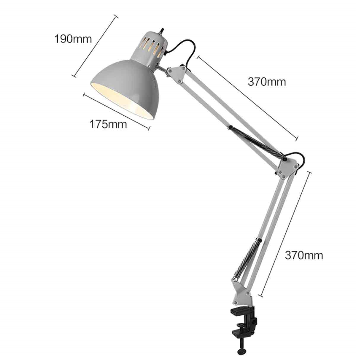 Eine graue Schreibtischlampe mit abgebildeten Abmessungen auf weißem Hintergrund.