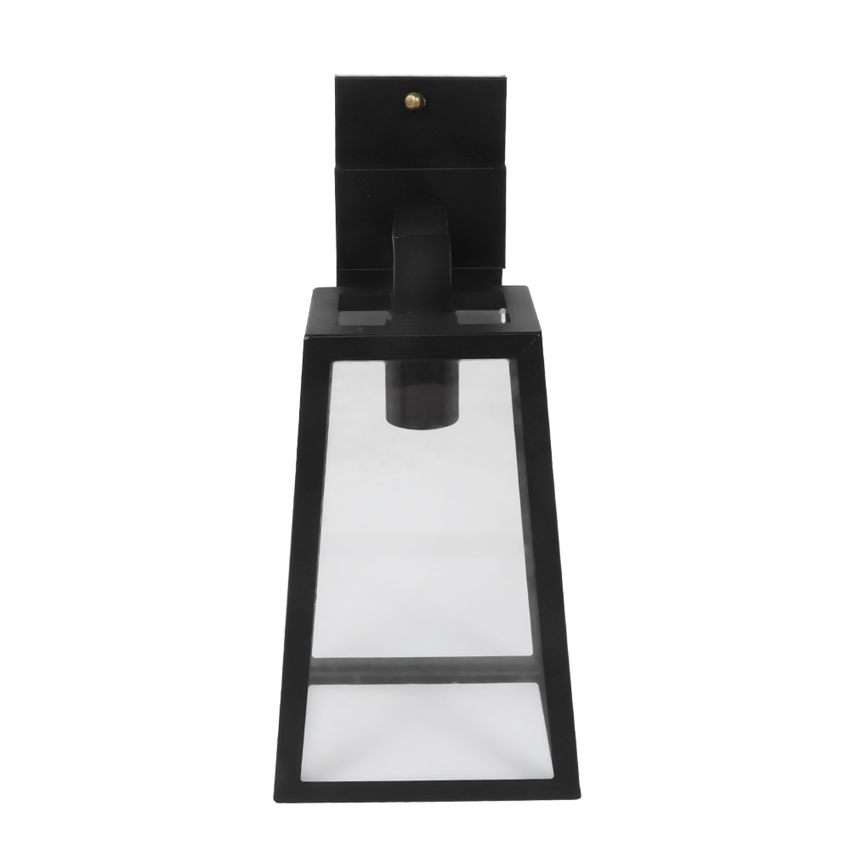 Schwarze, rechteckige Außenlampe. Glaspaneele und ein schwarzer Rahmen. Quadratische Halterung an einer Wand.