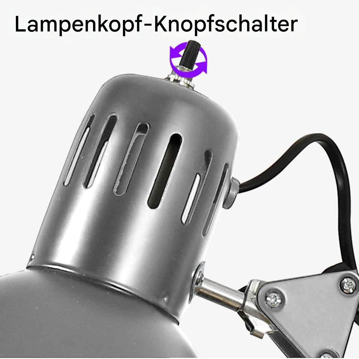 Nahaufnahme eines grauen Lampenkopfes mit einem Knopfschalter. Die Lampe ist leicht angewinkelt.