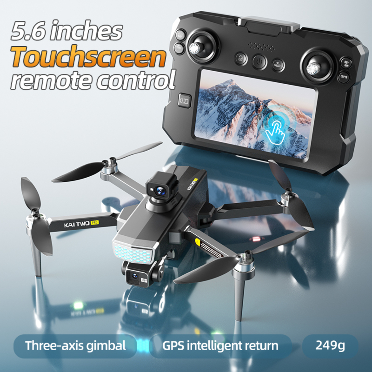 Schwarze Drohne mit Fernbedienung. Funktionen: Touchscreen, Drei-Achsen-Gimbal, GPS.