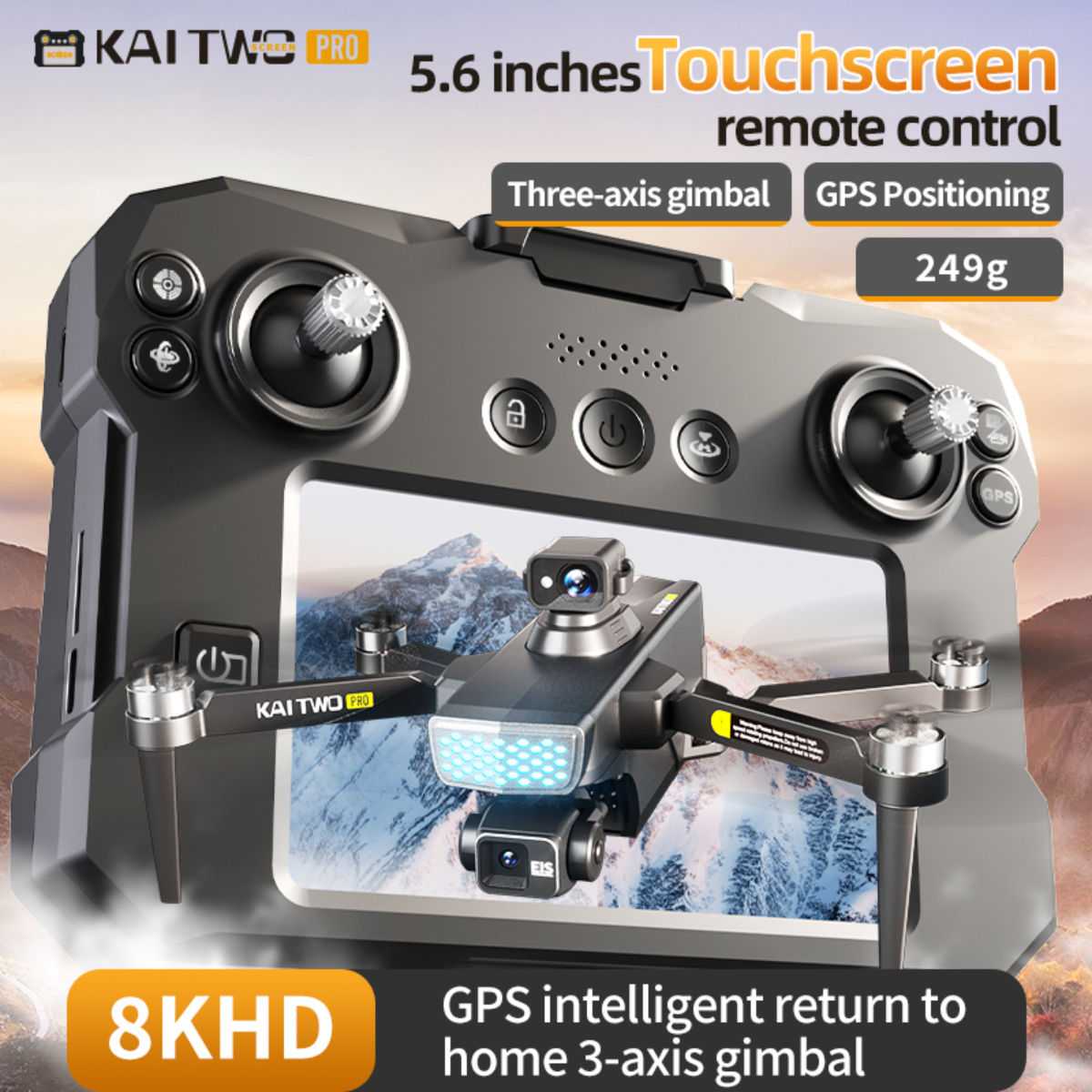 Eine schwarze Drohne mit Bildschirm zeigt eine Live-Ansicht. Details umfassen Touchscreen, 3-Achsen-Gimbal und 8KHD.