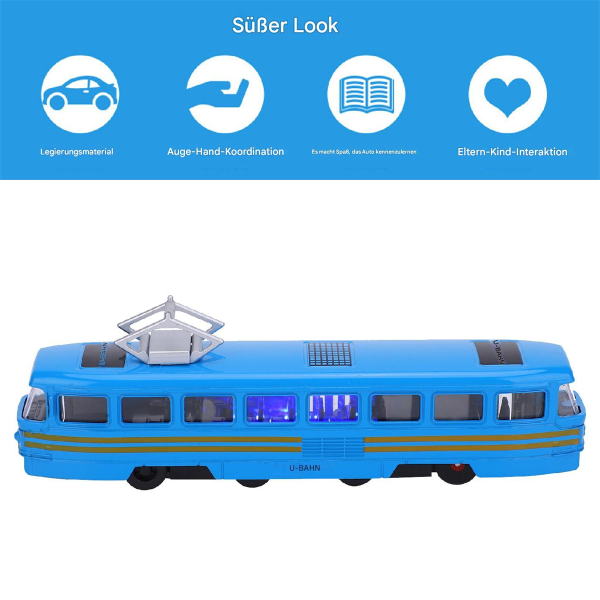 Blauer Spielzeugzug mit verschiedenen Symbolen. Text: 'U-BAHN'. Symbole deuten auf Legierung und Interaktion hin.