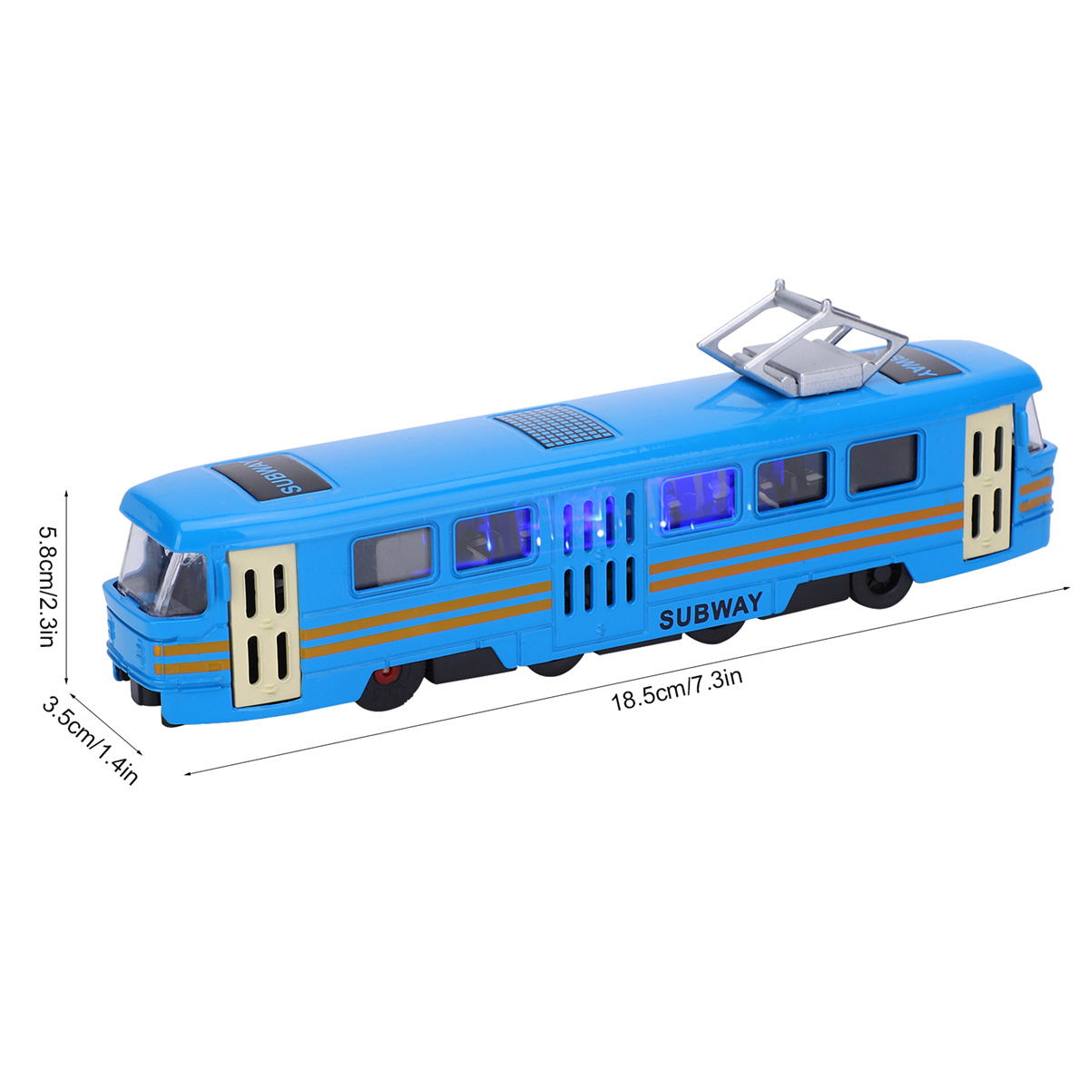 Blauer Spielzeug-U-Bahn-Zug mit „SUBWAY“-Text, Türen und Lichtern. Maße: 18,5 cm/7,3 Zoll.