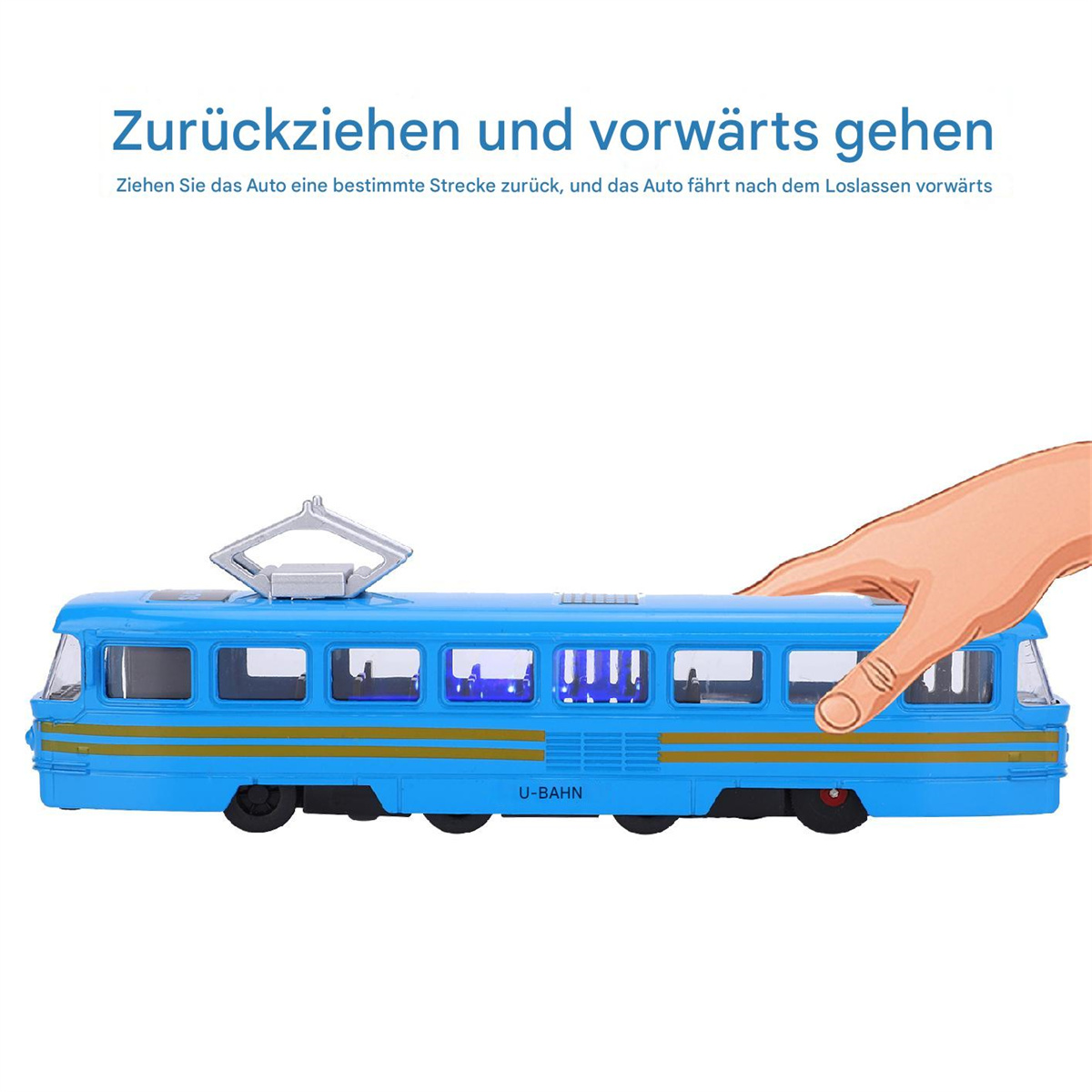 Blauer Spielzeugzug, der von einer Hand gezogen wird, mit Text oben.