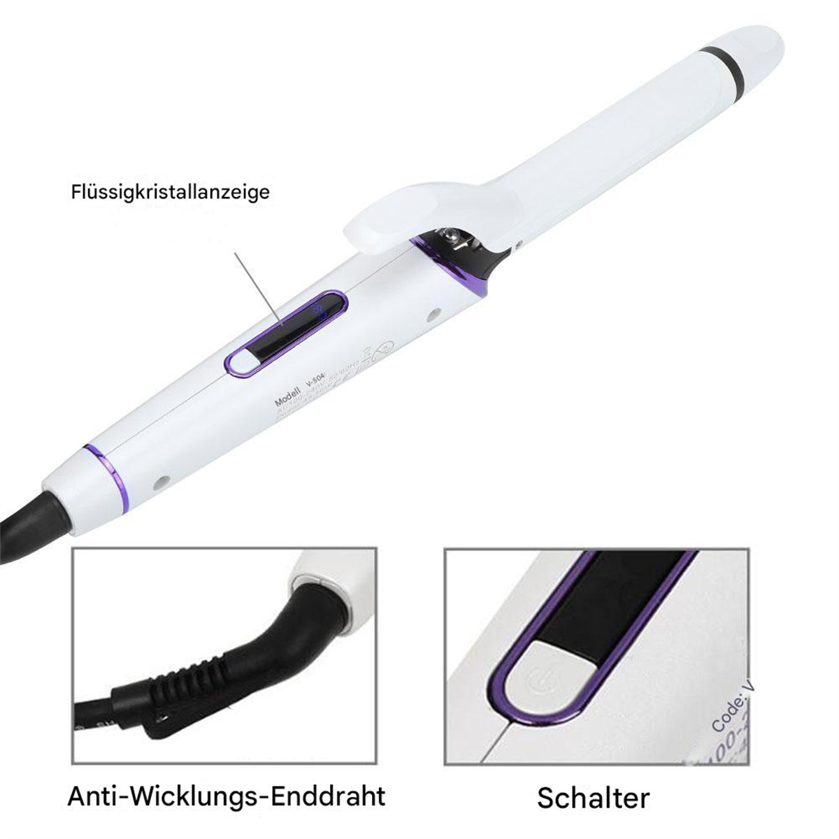 Weißer Lockenstab mit lila Akzenten. Nahaufnahmen von Details.