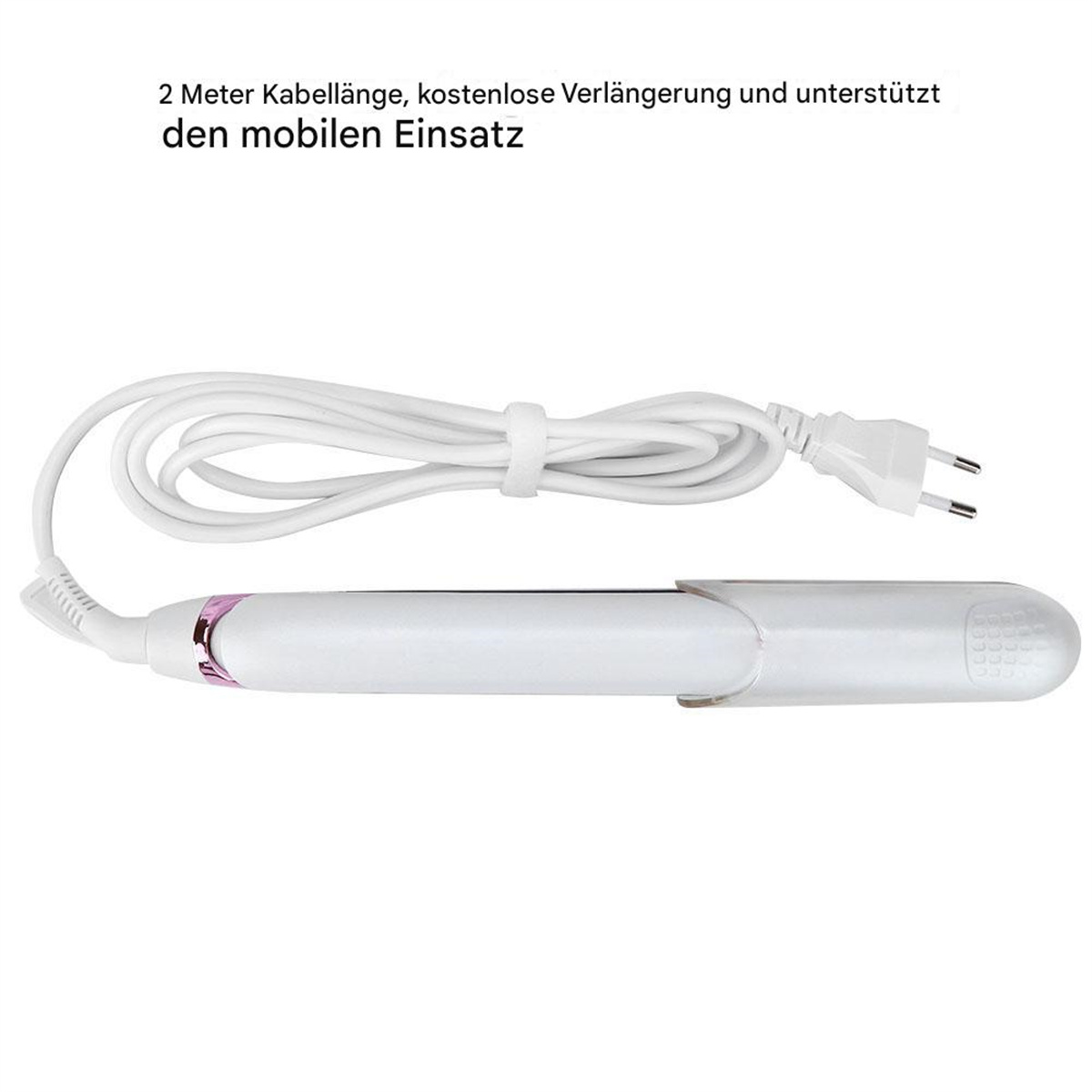 Weißer Haarglätter mit weißem Kabel und Text zur Kabellänge.