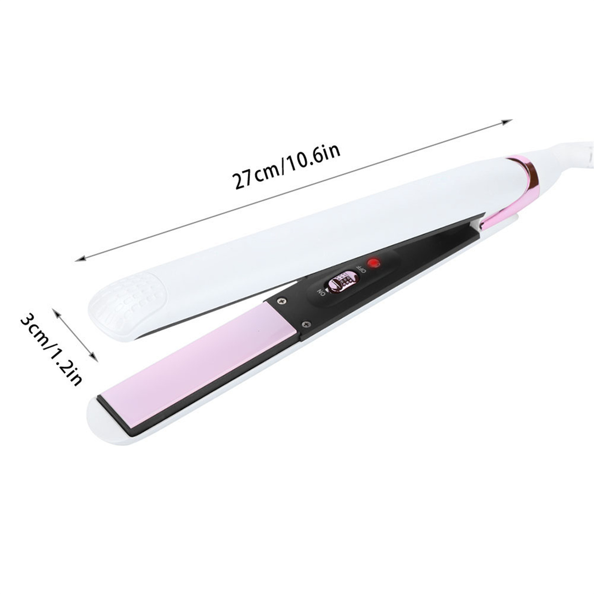 Ein weißes und rosa Haarglätteisen mit Maßen und Temperaturanzeige.