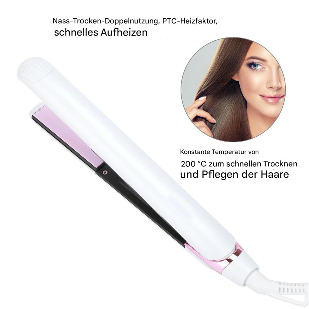 Weißer Haarglätter mit rosa Platten, weißer Griff. Eine Frau mit langen braunen Haaren wird im Kreis gezeigt.