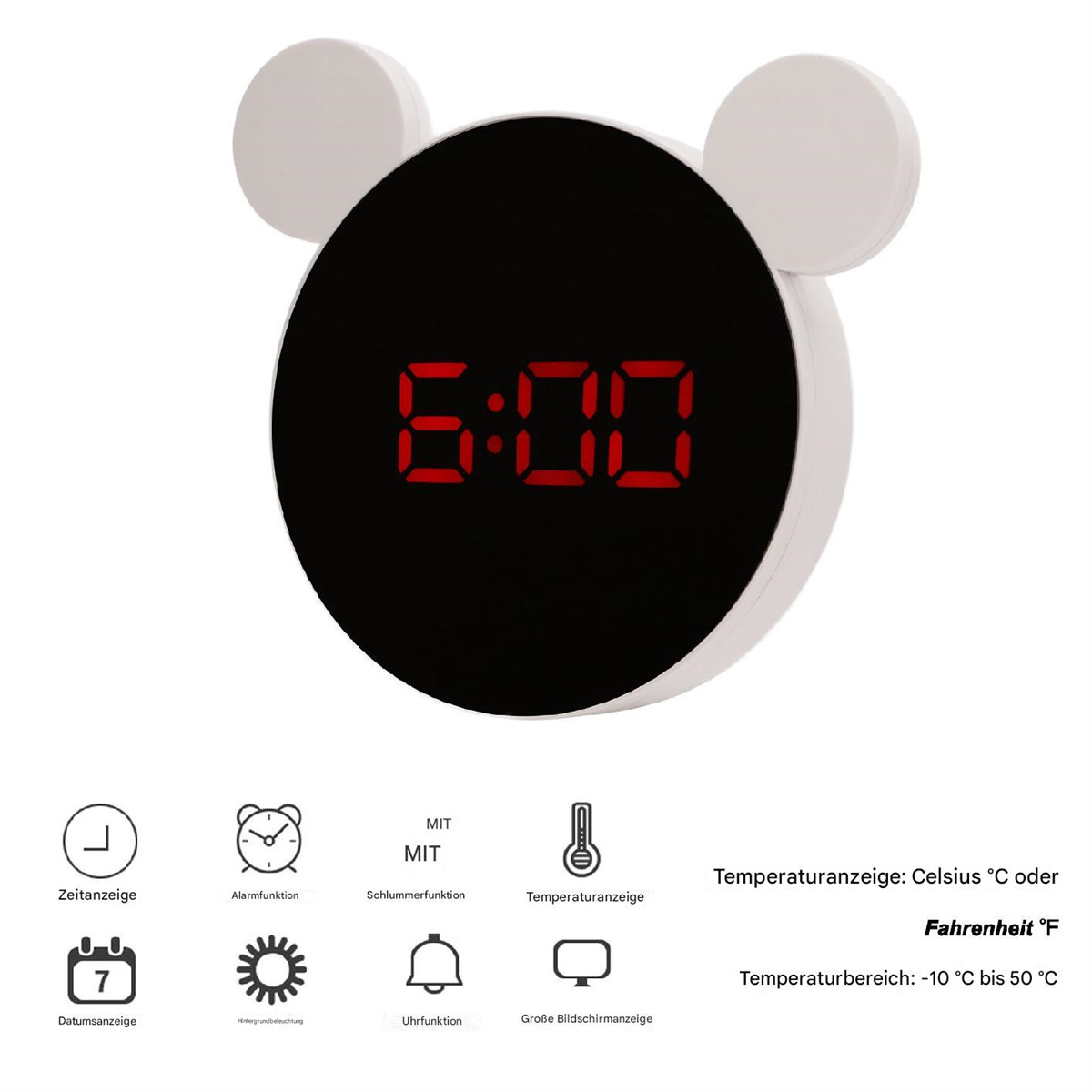 Weißer Wecker. Zeigt die Uhrzeit 6:00 in Rot an. Zeigt verschiedene Symbole und Temperaturdetails.
