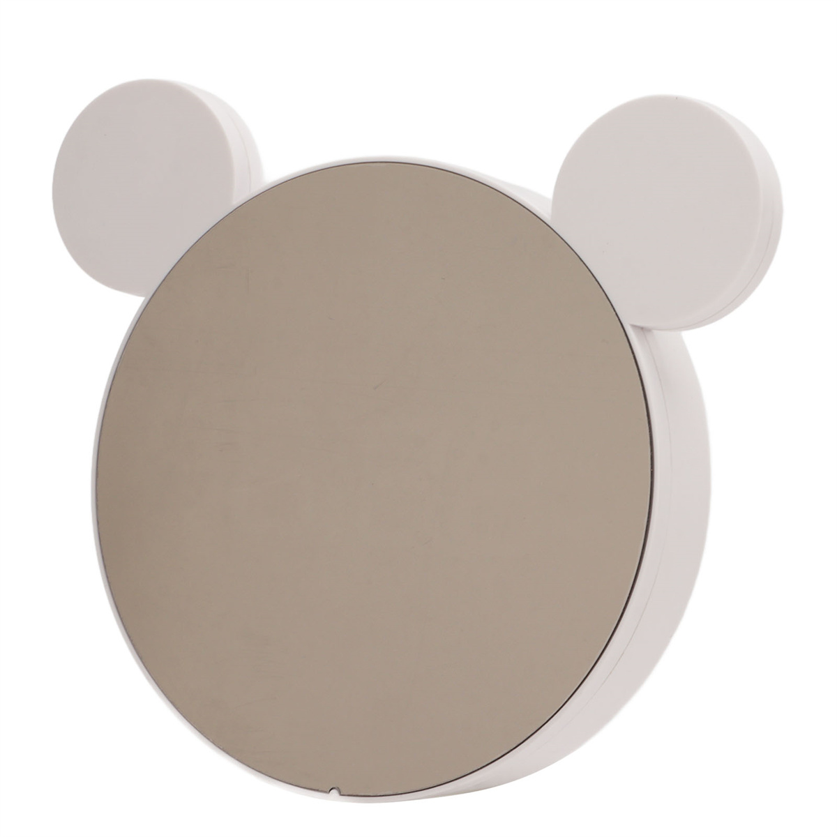 Ein weißer Spiegel in Form eines Mickey Mouse-Kopfes mit runden Ohren.
