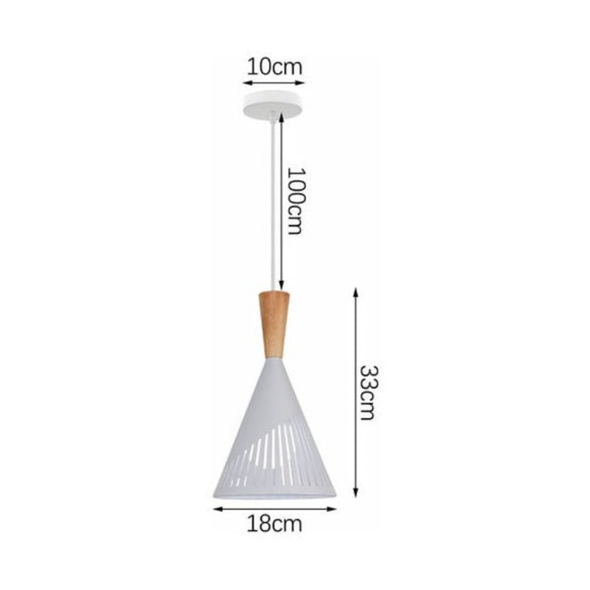 Eine weiße Pendelleuchte mit Holz und kegelförmigem Schirm. Maße sind 10cm, 100cm, 33cm und 18cm.