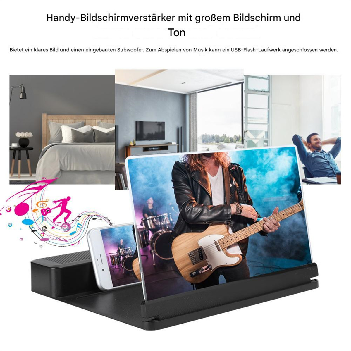 Ein Bildschirmverstärker mit einem Telefon, das eine Band zeigt. Andere Szenen sind Schlafzimmer und Mann.
