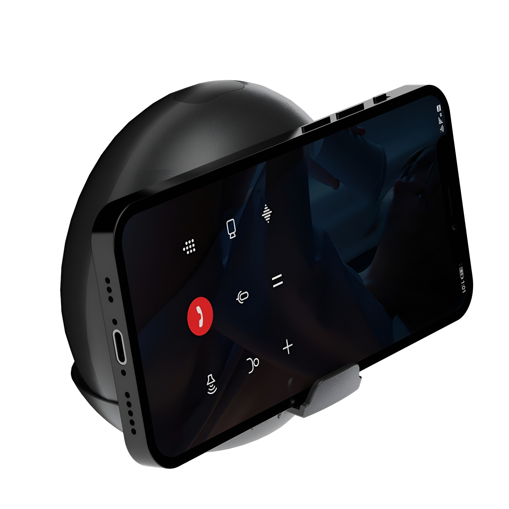 Schwarzes Smartphone auf einem schwarzen kabellosen Ladeständer, das eine Telefonanrufschnittstelle zeigt.