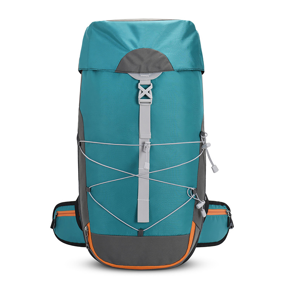 Türkis-grauer Rucksack. Er hat einen Kordelzug, Träger und Seitentaschen. Orange Akzente.