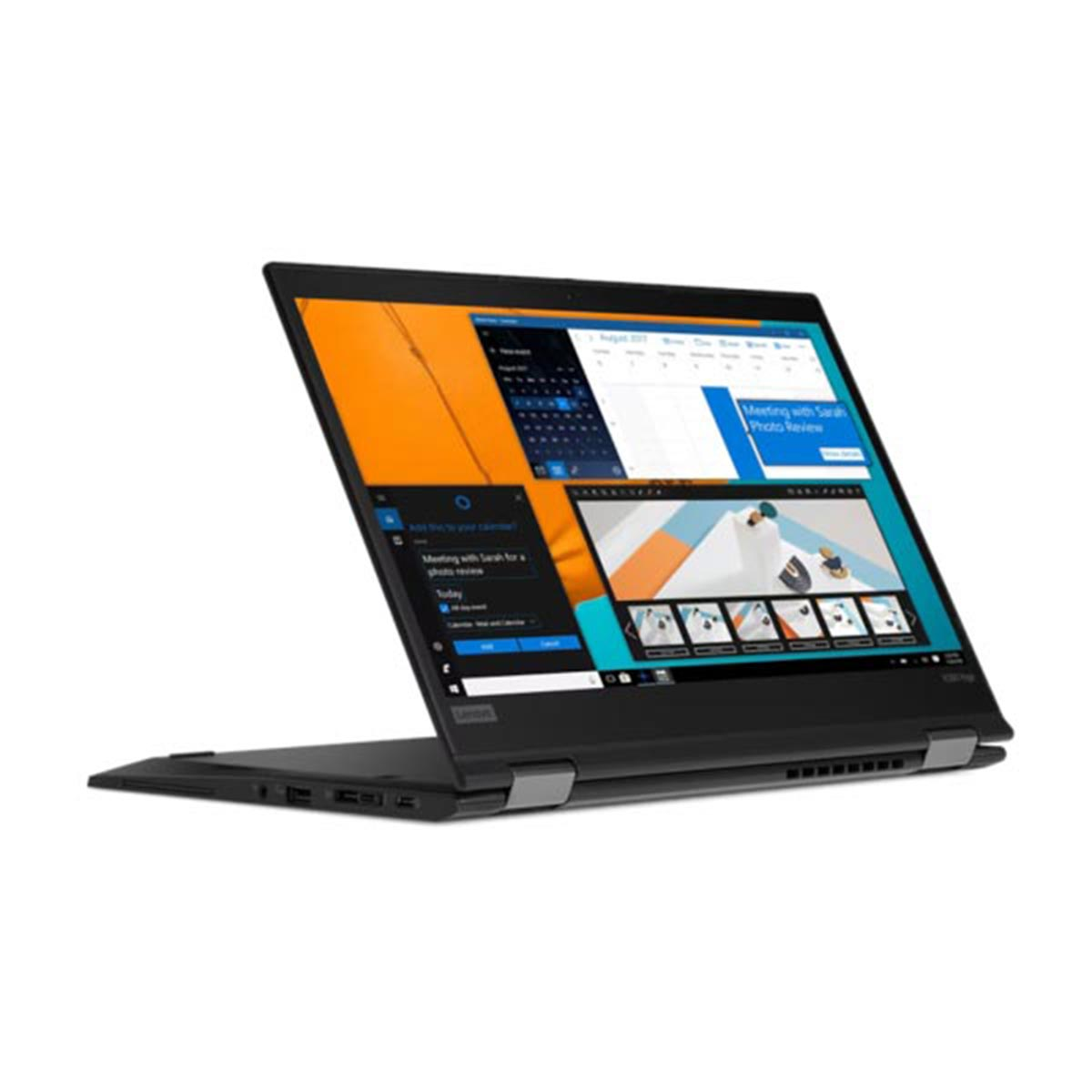 Czarny laptop, otwarty, wyświetlający ekran z oknami i przeglądem dokumentu.