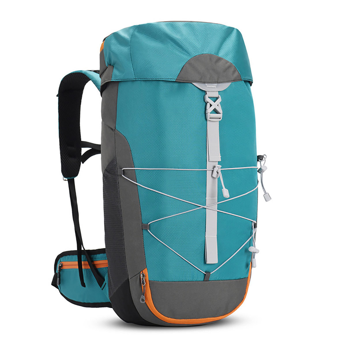Türkis-grauer Rucksack mit orangefarbenen Akzenten und weißen Trägern.