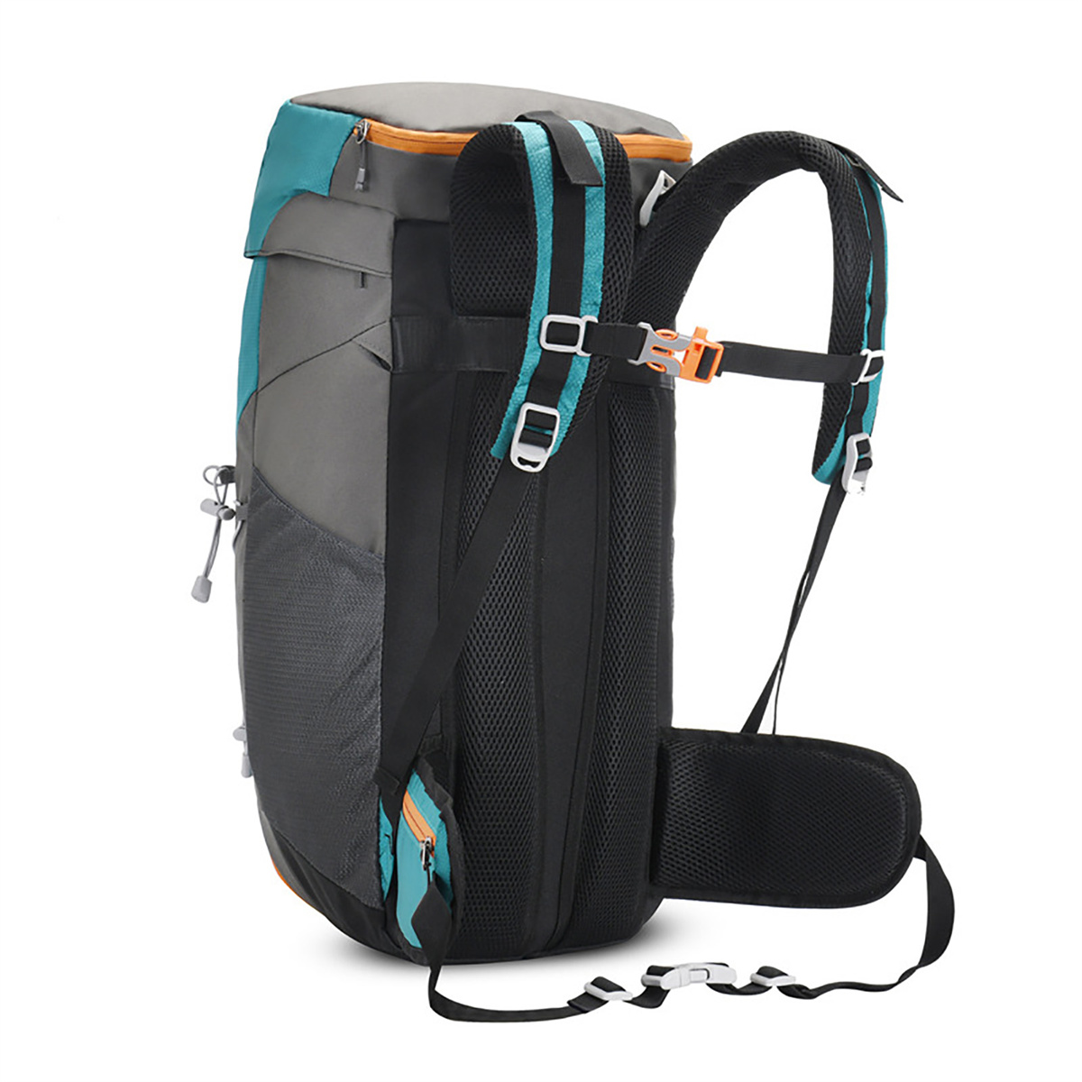 Rucksack mit teal- und grauen Abschnitten. Schwarze Riemen und Rückenstütze.