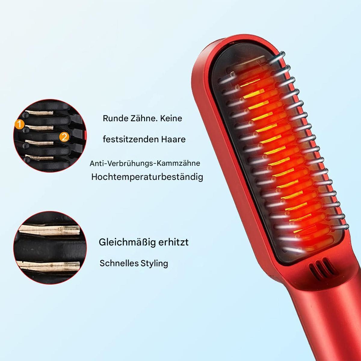 Rote Haarglättungsbürste mit Details. Zeigt runde Zähne, Anti-Verbrühungs-Zähne und schnelles Styling.
