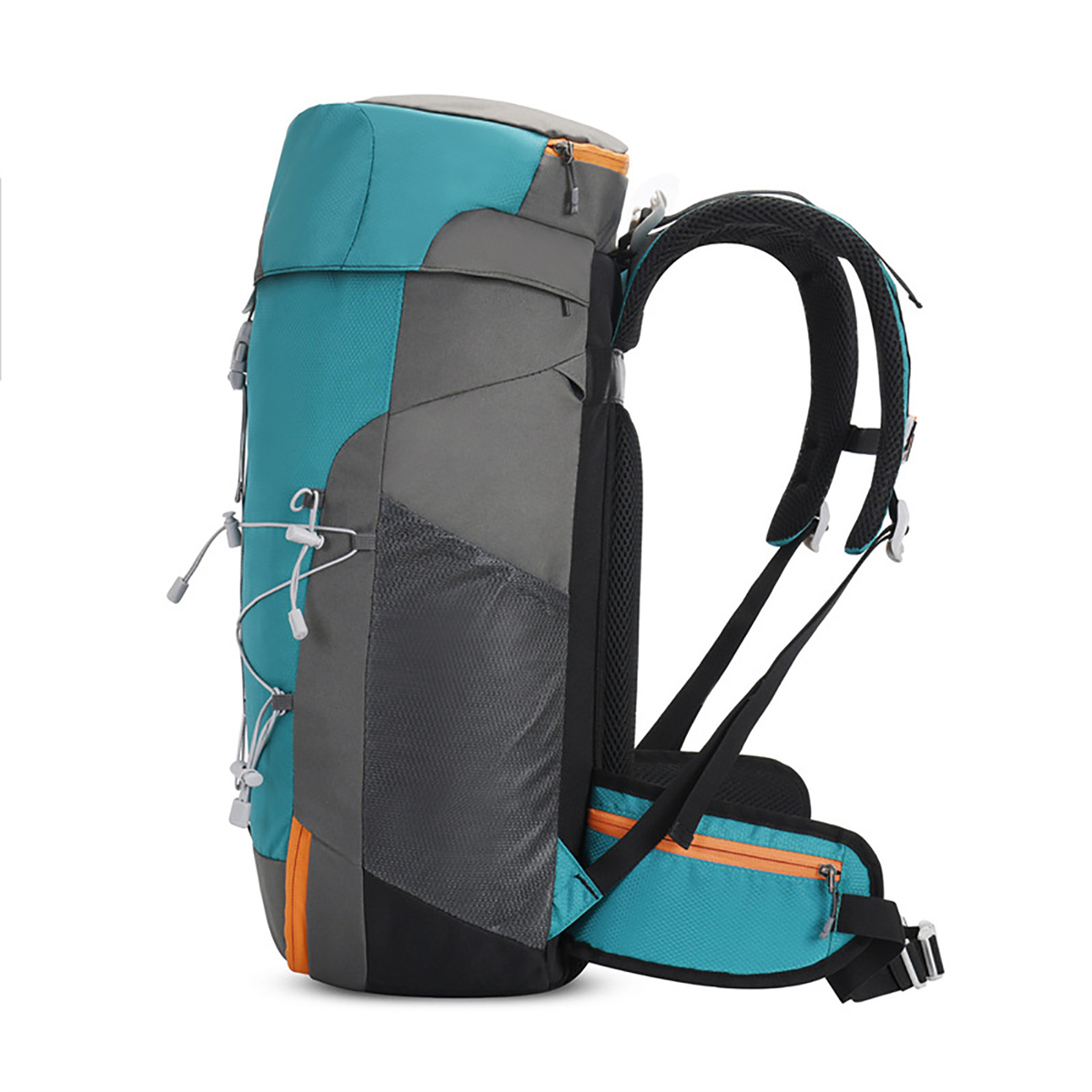 Türkisfarbener und grauer Rucksack. Seitenansicht. Gurte, Taschen und Schnallen sichtbar. Weißer Hintergrund.