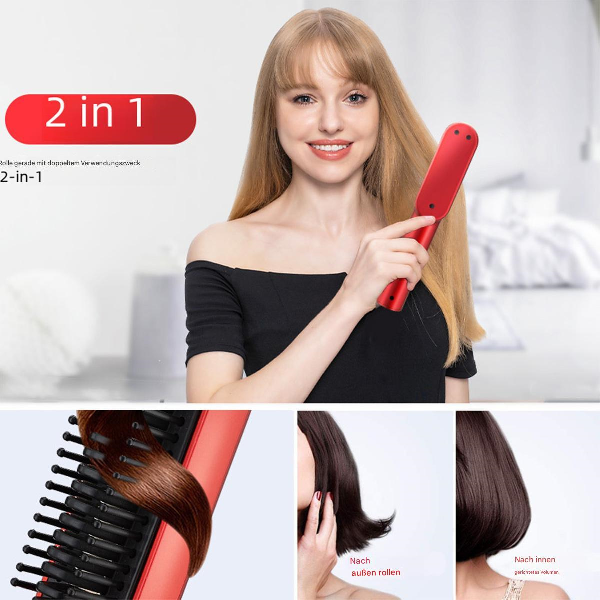 Eine Frau lächelt, während sie einen roten Haarglätter hält. Bilder vom Glätten der Haare sind enthalten.