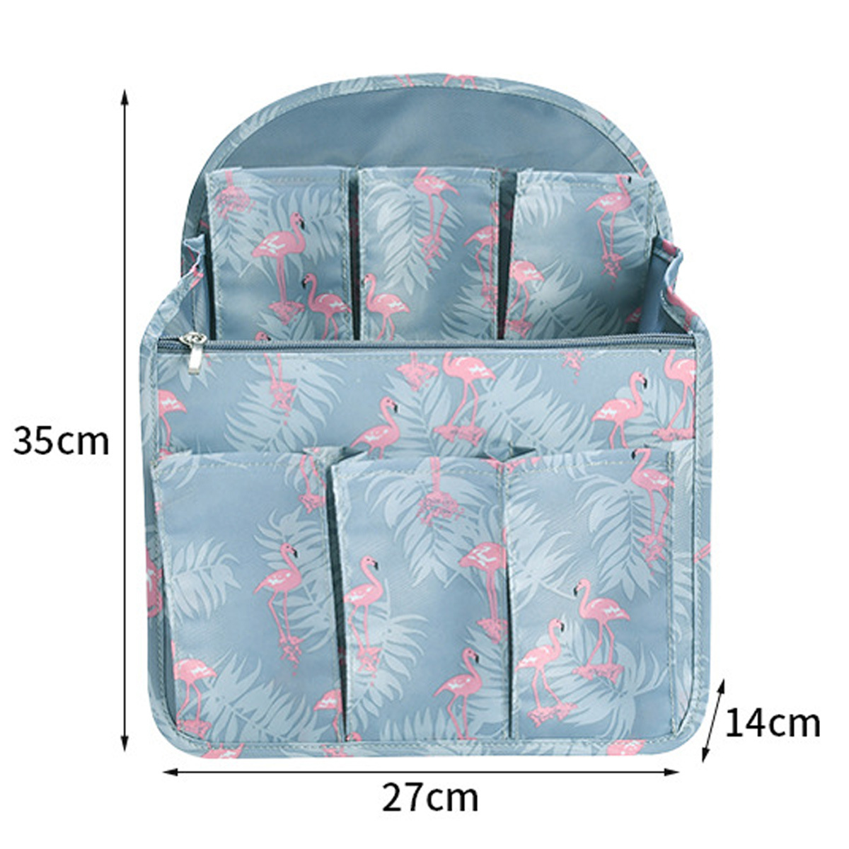 Blauer Reise-Organizer mit Flamingomuster. Abmessungen sind 35 cm x 27 cm x 14 cm.