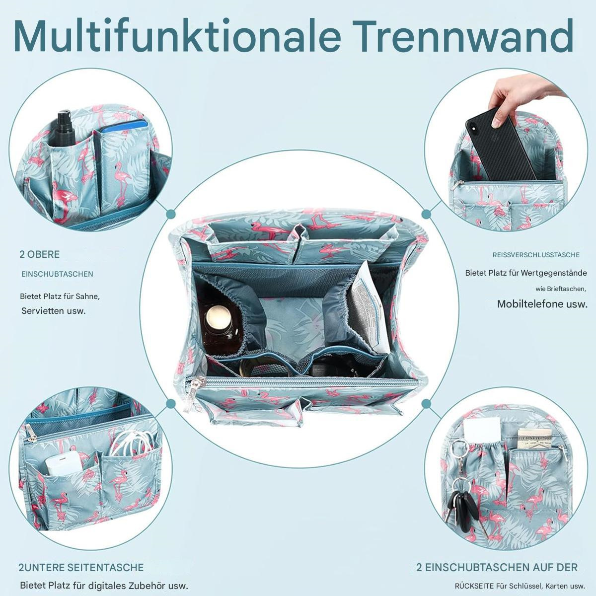 Ein multifunktionaler Aufbewahrungsorganisator mit Fächern für verschiedene Gegenstände, mit Textbeschriftungen und Symbolen.