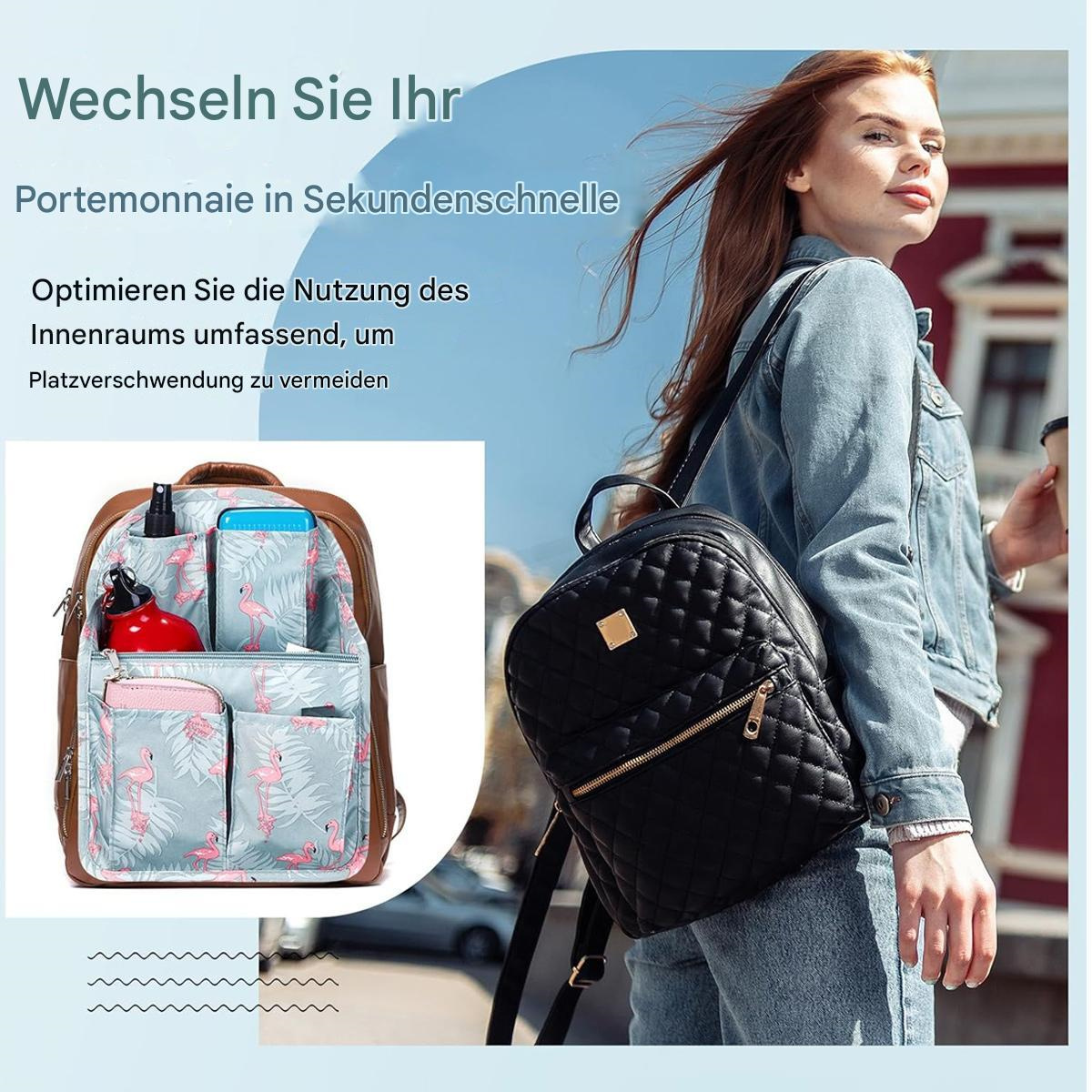 Eine Frau mit Rucksack und Handtasche, mit Text über die Eigenschaften.