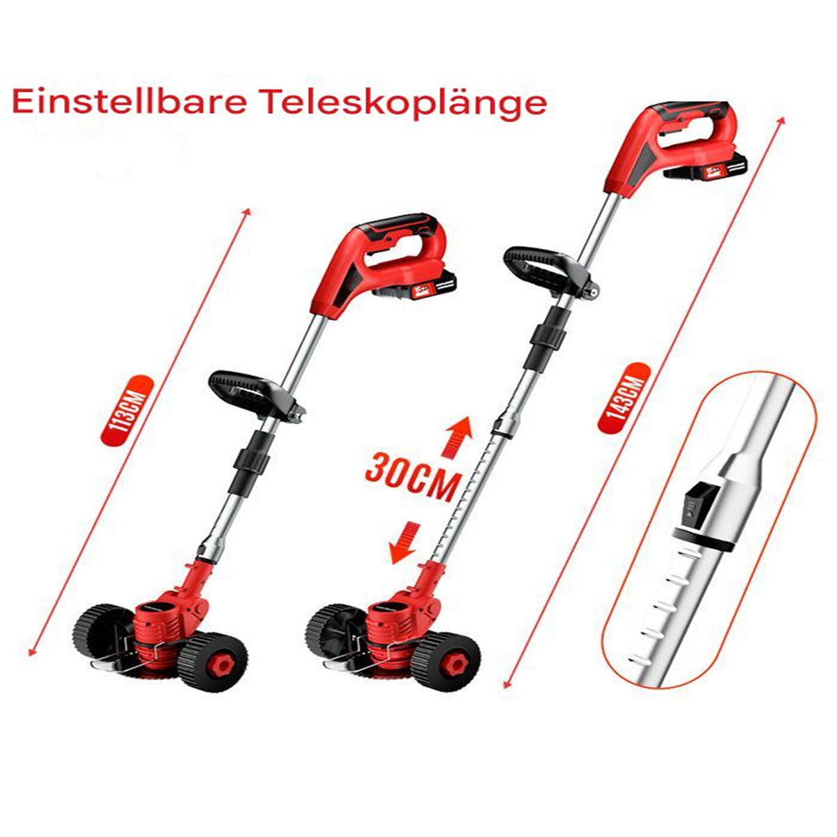 Zwei rote und schwarze elektrische Rasenkanten. Einer ist ausgefahren. Text zeigt die einstellbare Teleskoplänge an.