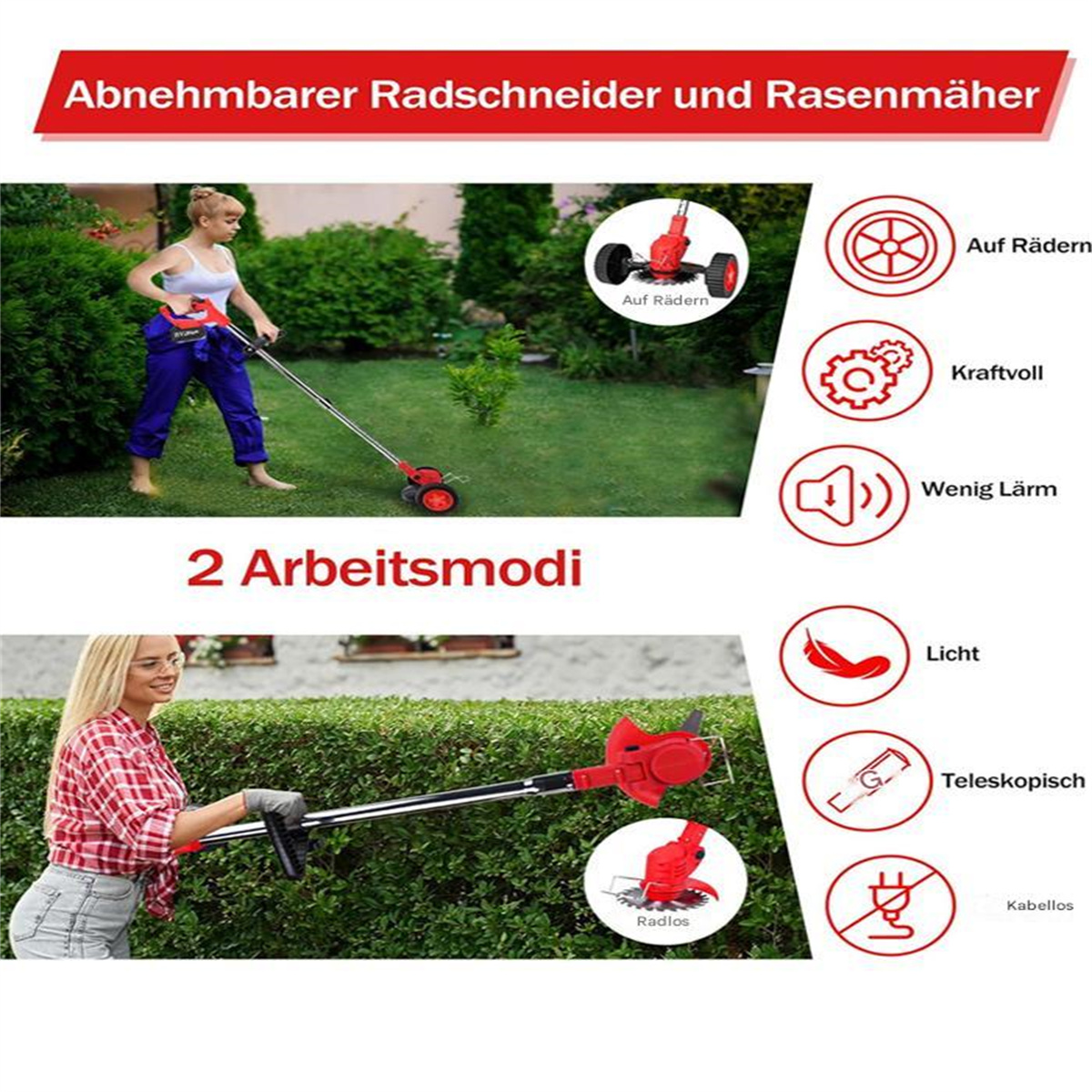 Eine Werbung, die eine Frau mit einem Rasenkantenschneider und einem Rasentrimmer zeigt, mit Symbolen.