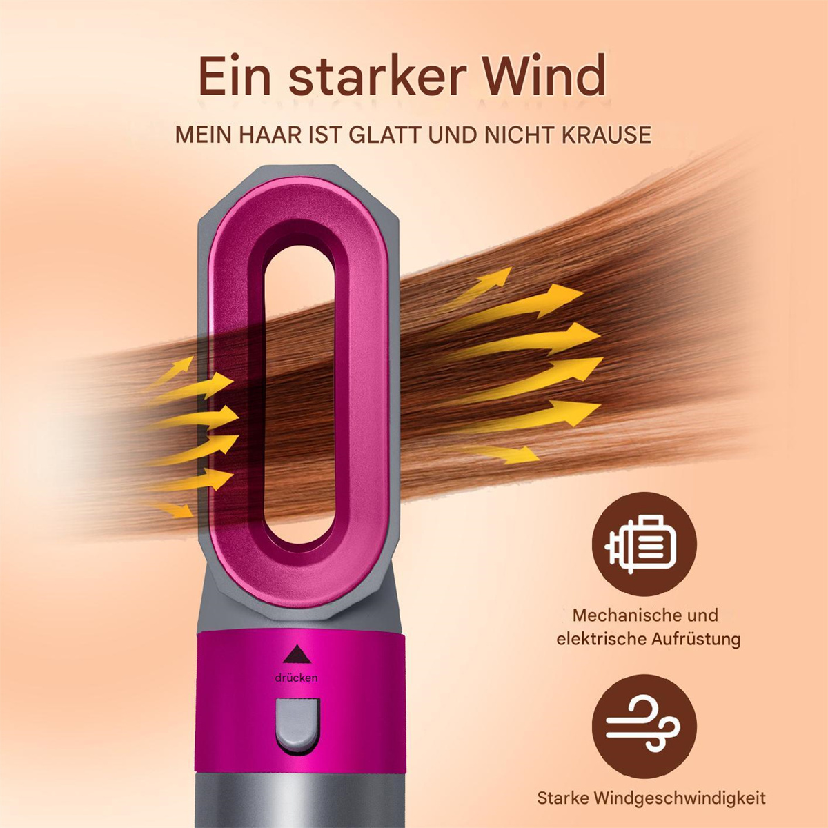 Ein rosa-grauer Haartrockner mit deutschem Text. Pfeile zeigen den Luftstrom an. Mit Symbolen.