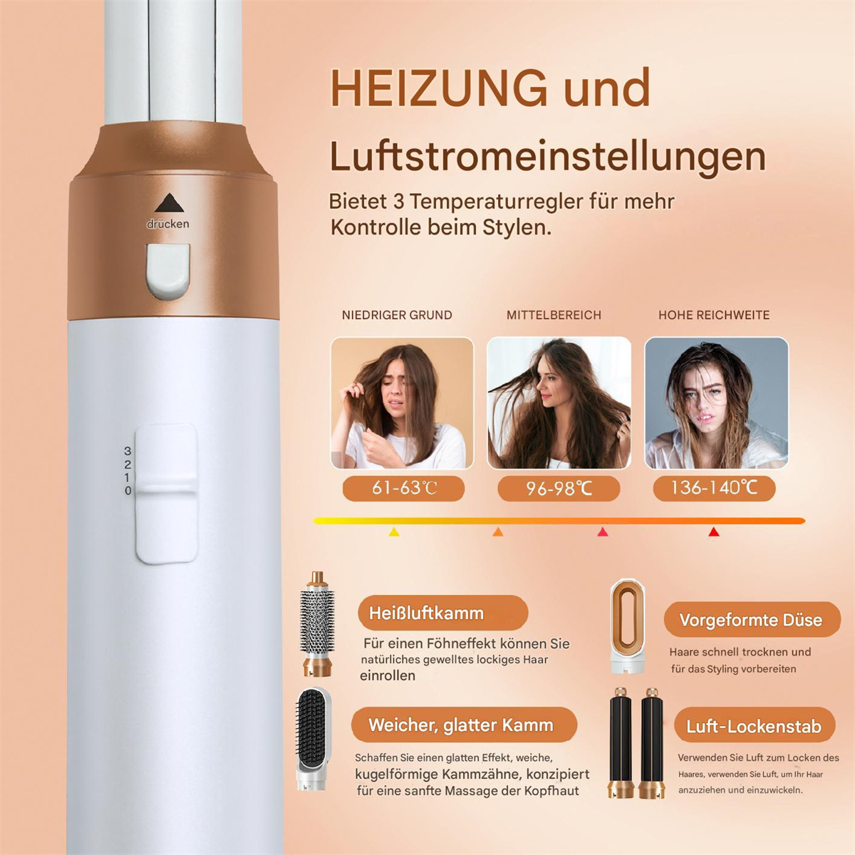 Ein weißer und goldener Haarstyler mit drei Temperatureinstellungen und Styling-Aufsätzen.