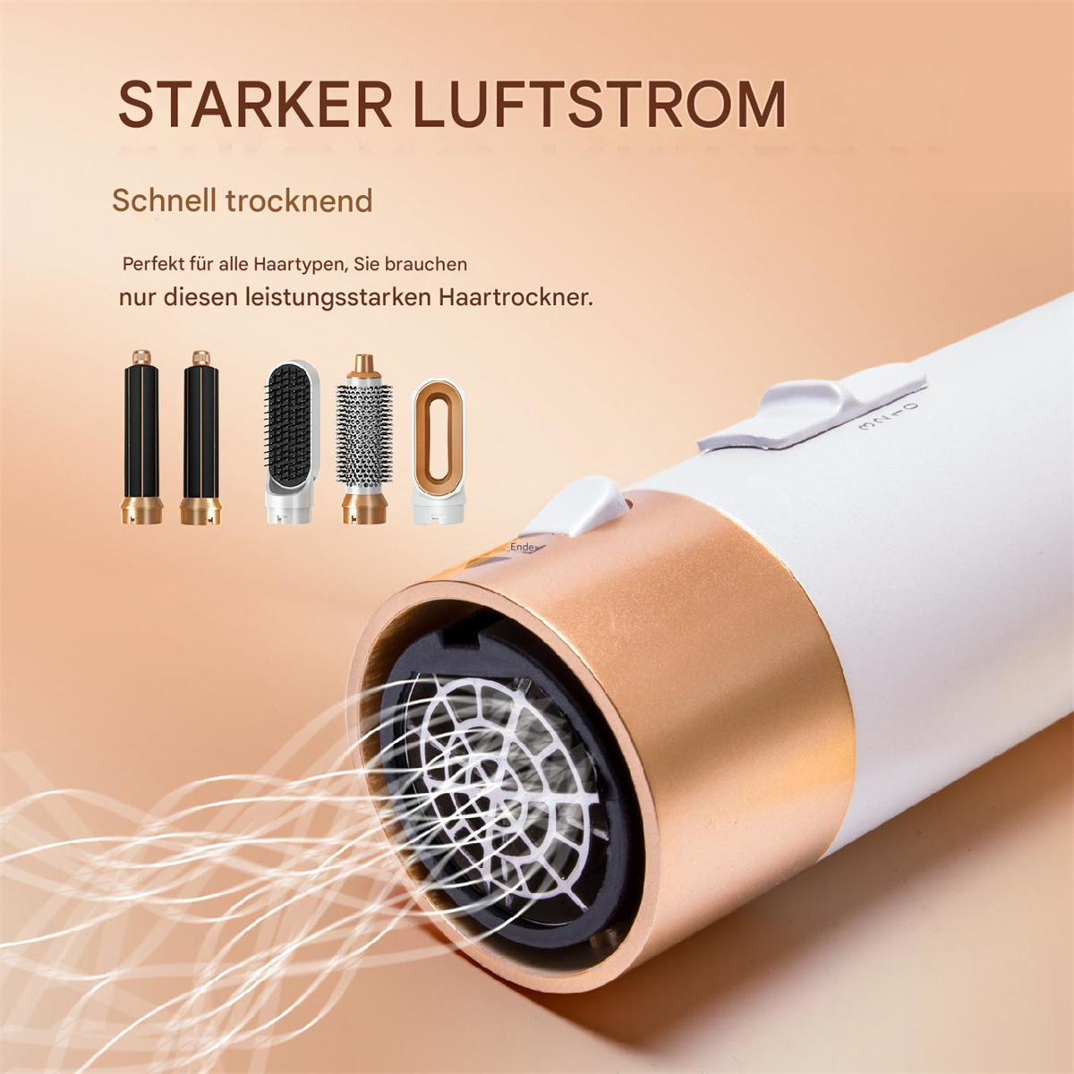 Ein weißer und goldener Haartrockner mit Aufsätzen und Text auf Deutsch auf hellbraunem Hintergrund.