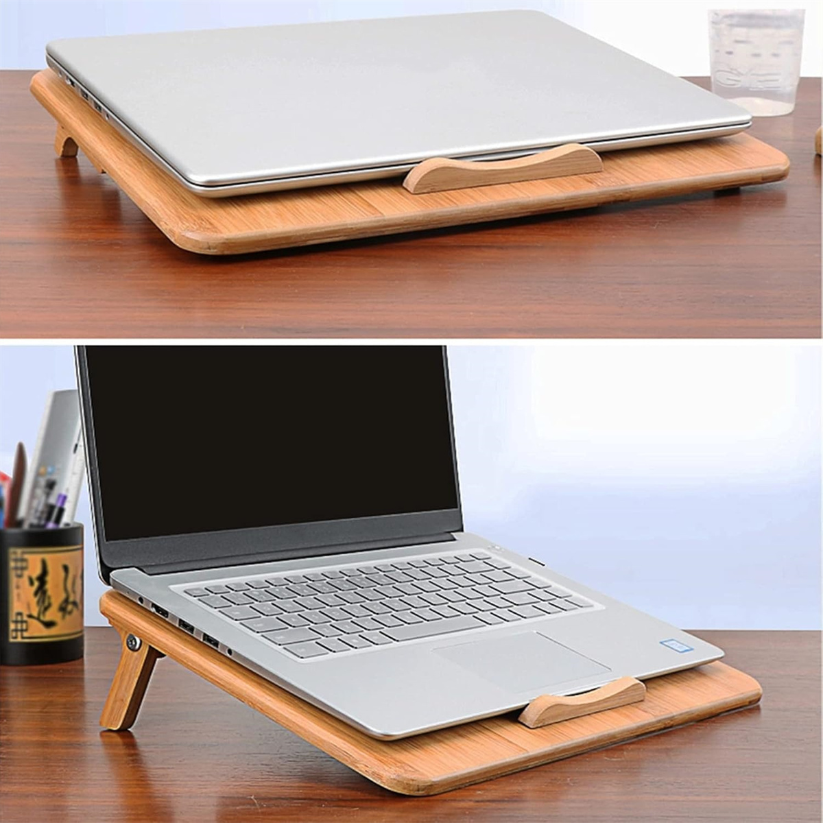 Laptop auf einem Holzständer. Zwei Bilder zeigen ihn geschlossen und geöffnet, geneigt.