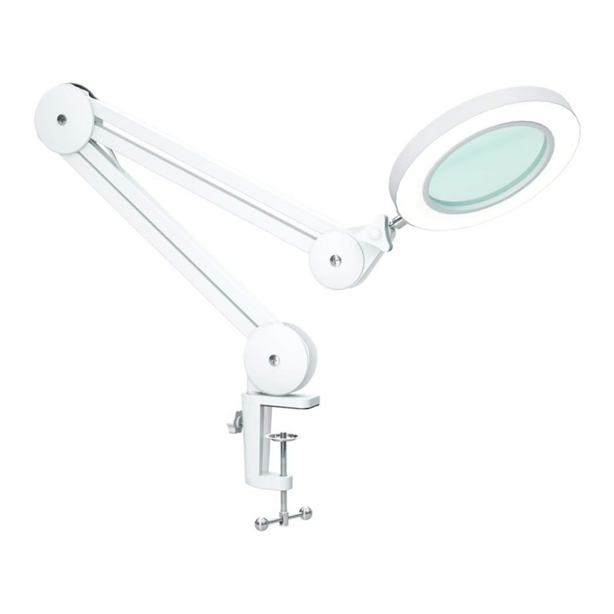 Weiße Lupe mit kreisförmigem Licht und Klemmfuß. Der Arm ist verstellbar.