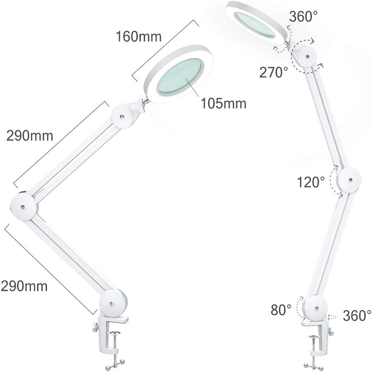 Vergrößerungslampen mit Maßen und Winkeln. Zwei Lampen aus verschiedenen Winkeln.
