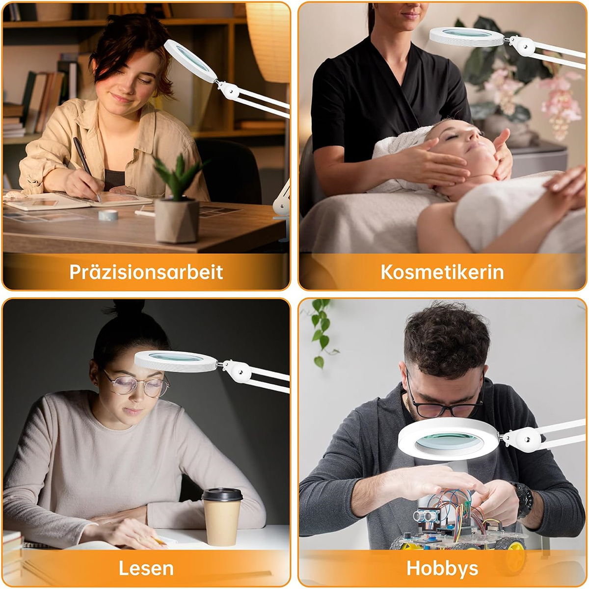 Vier Bilder, die zeigen, wie Menschen Lupenlampen für Präzisionsarbeit, Kosmetik, Lesen und Hobbys verwenden.