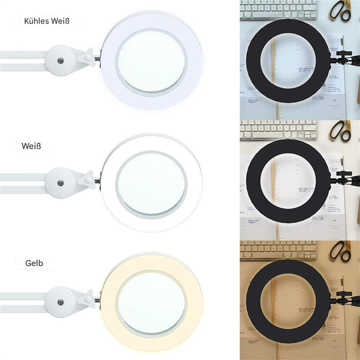 Drei Lupenlampen in einer Reihe. Jede Lampe zeigt unterschiedliche Lichtfarben: Weiß, kühles Weiß und Gelb.