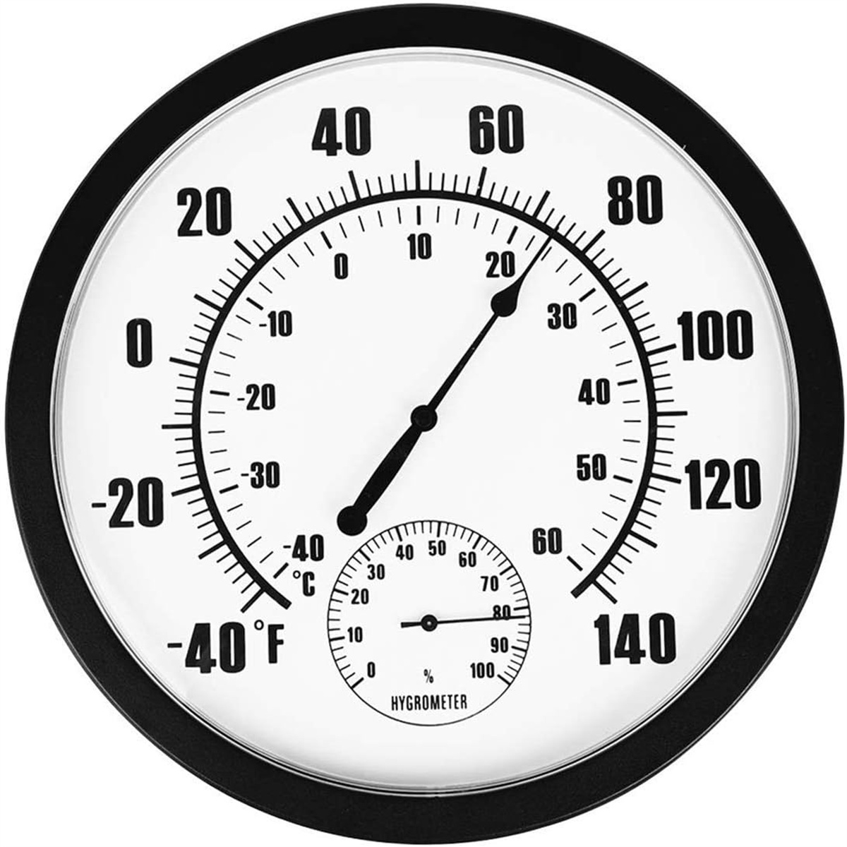 Rundes Thermometer mit Temperatur- und Feuchtigkeitsmessungen. Schwarzer Rahmen, weißes Zifferblatt.