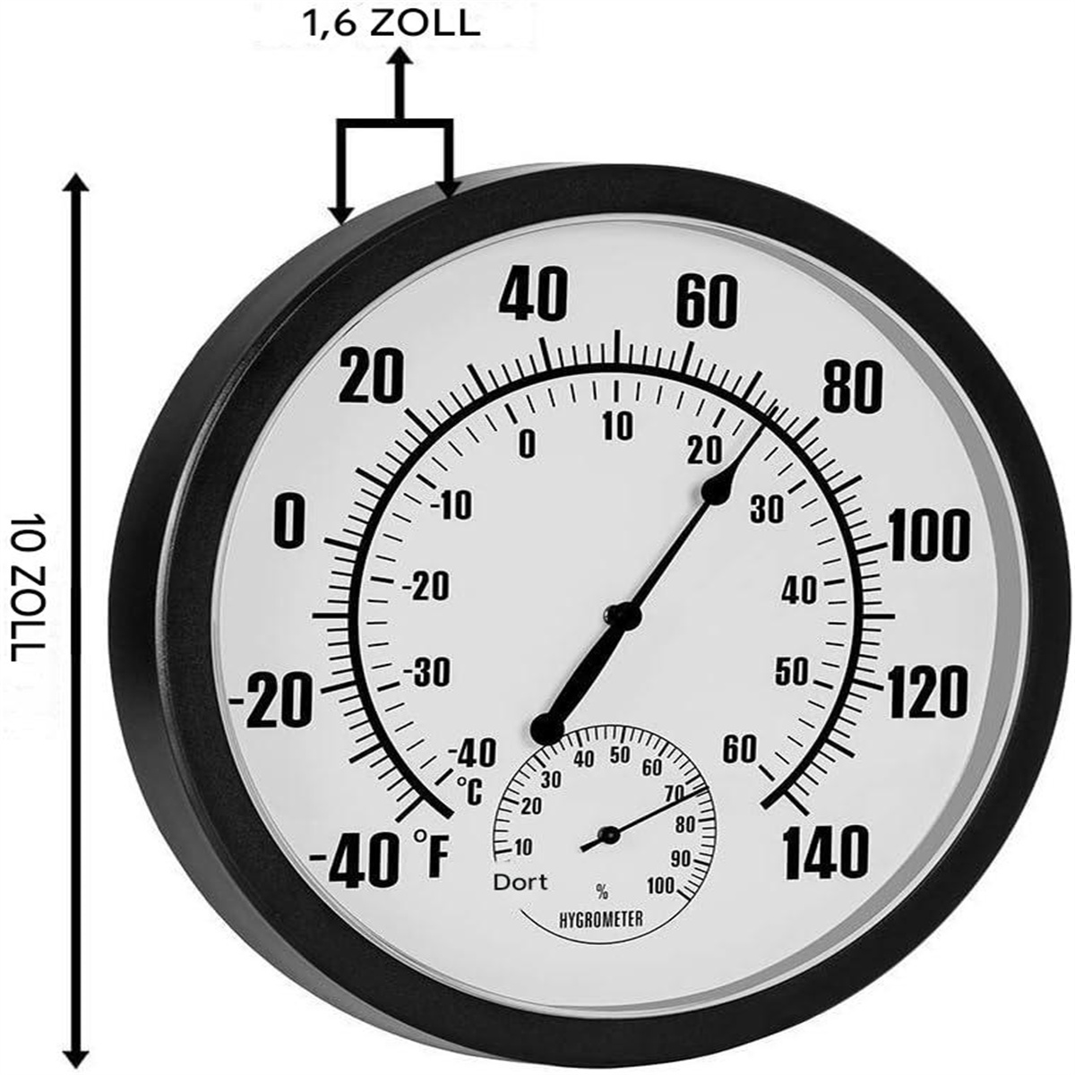 Ein kreisförmiges Thermometer mit Fahrenheit- und Celsius-Skalen, mit einem Hygrometer unten.