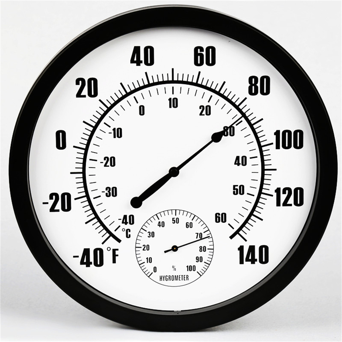 Ein schwarz-weißes kreisförmiges Thermometer mit Gradzahlen und einem Hygrometer.