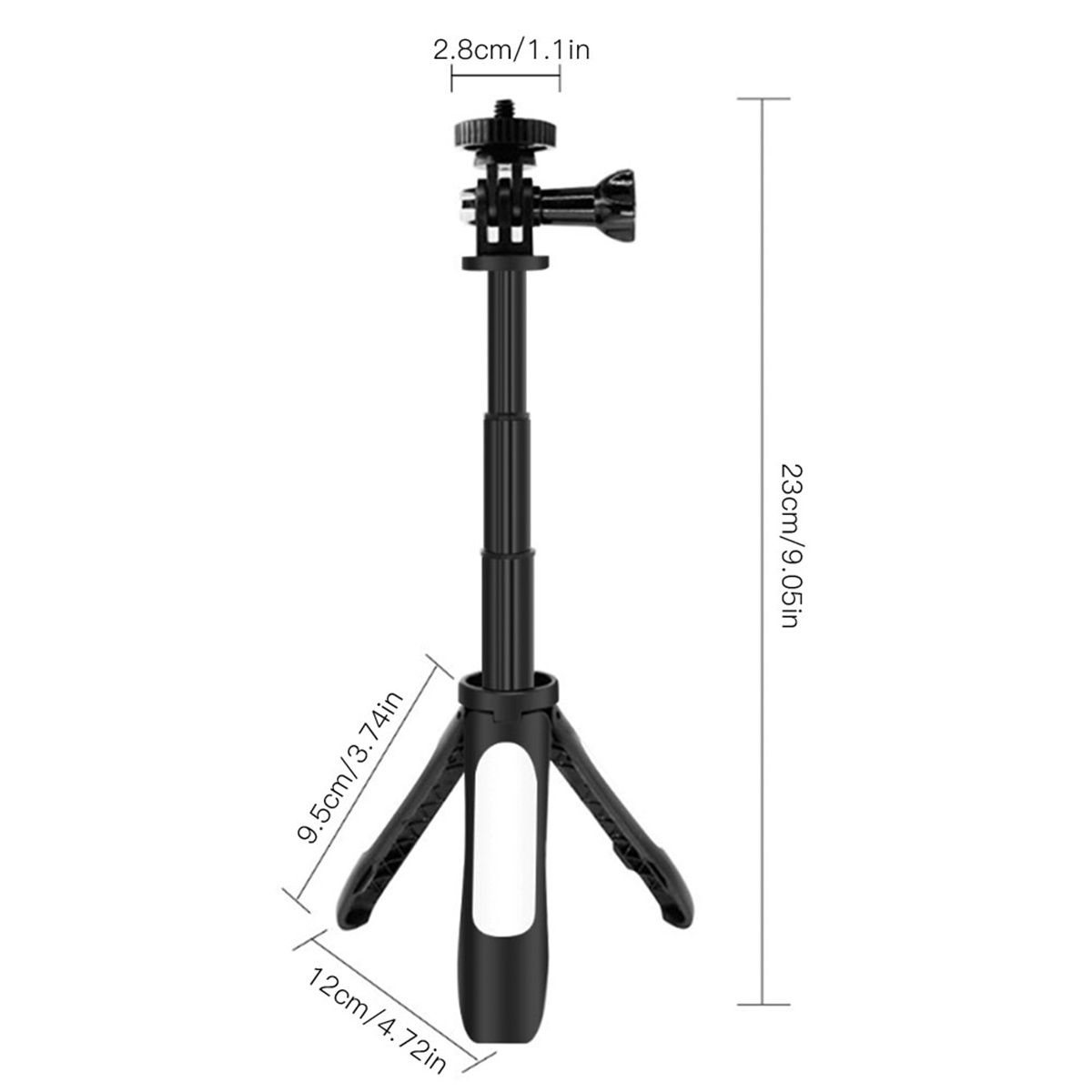 Schwarzes Stativ mit Maßen: Höhe 23 cm, Breite 12 cm und Kopfdurchmesser 2,8 cm.